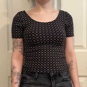 Black and White Short Sleeve Top with Criss Cross Back